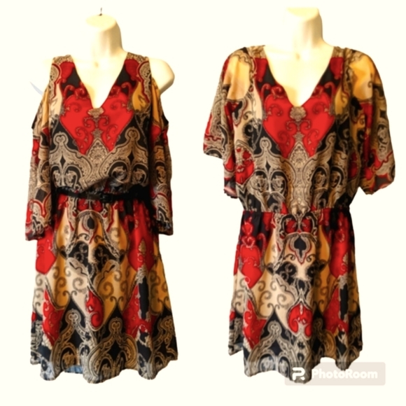 Venus Bohemian Dress Red Black Cream Print V Neck On Off Shoulder Sz. M - Picture 2 of 8